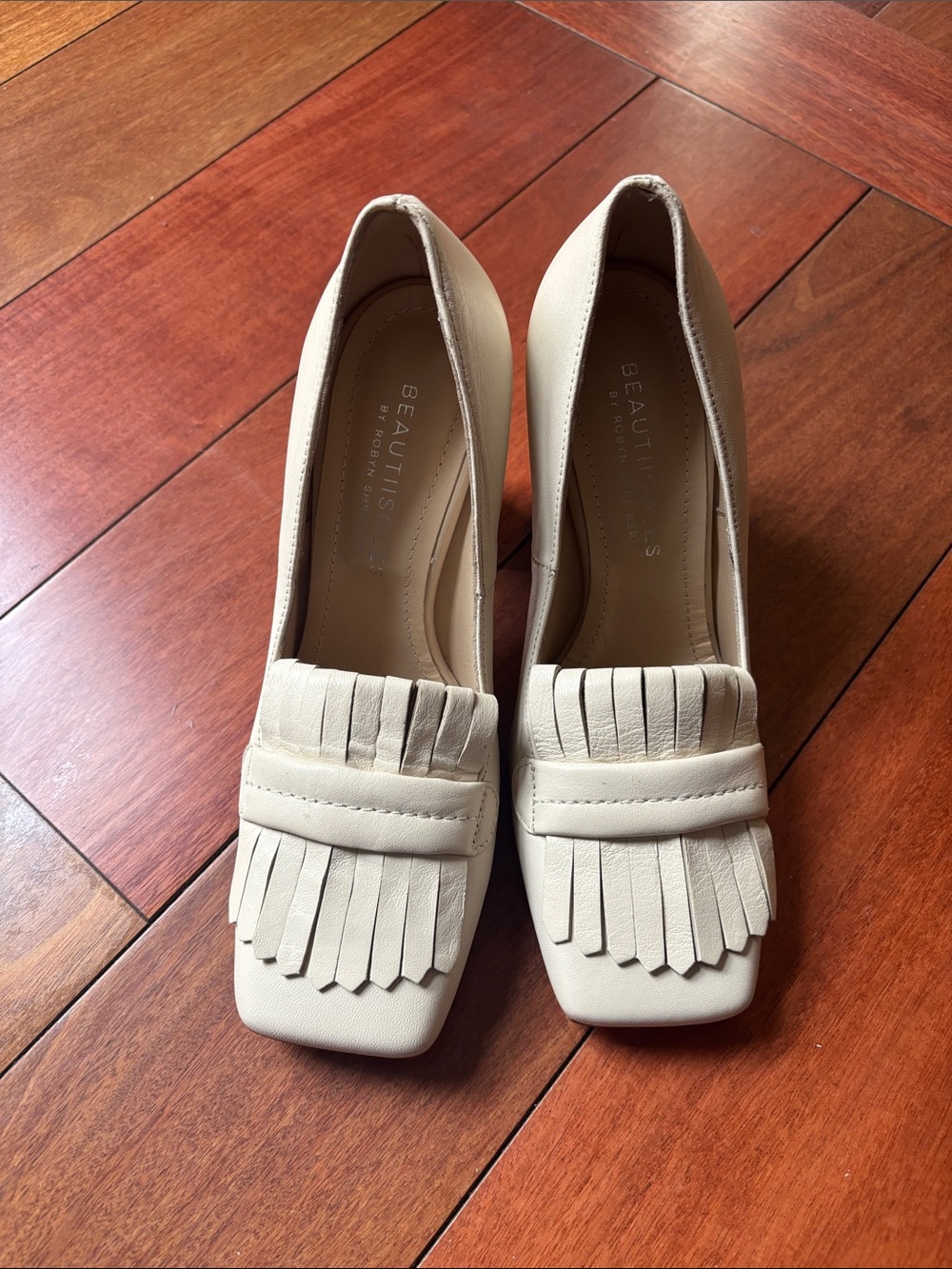 Beautiisoles Cream Fringe Block Heel Pumps by Robyn Shreiber